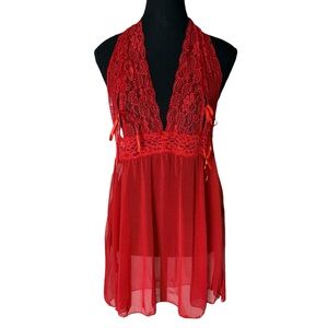HIPS & CURVES Red Halter Negligée Nighty Lingerie Red Lace Sheer Sz Large / XL